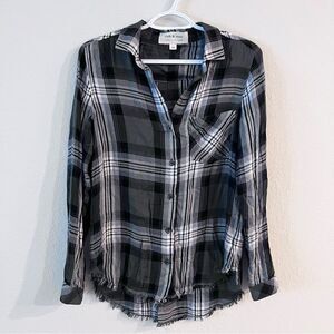 Anthropologie Cloth & Stone Flannel Long Sleeve Fringe V Neck Button Top Size XS